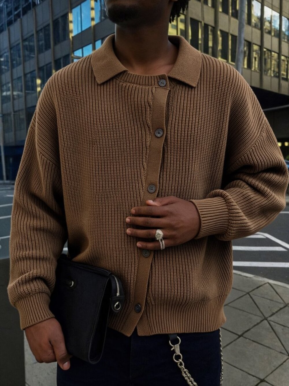 Brown Casual Men's Loose Fit Drop Shoulder Plain Long Sleeve Knit Cardigan